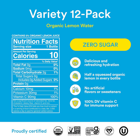 4-Flavor Pack, 15.2 oz (12-Pack) Lemon Perfect Variety Hydrating Flavored Lemon Water, Zero Sugar, Delicious