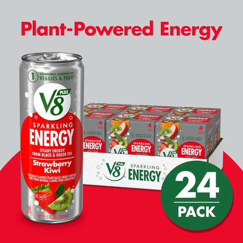 V8 +ENERGY 11.5 OZ (6 Packs 4) Strawberry Kiwi Energy Drink, Made with Real Vegetable and Fruit Juices, FL Can