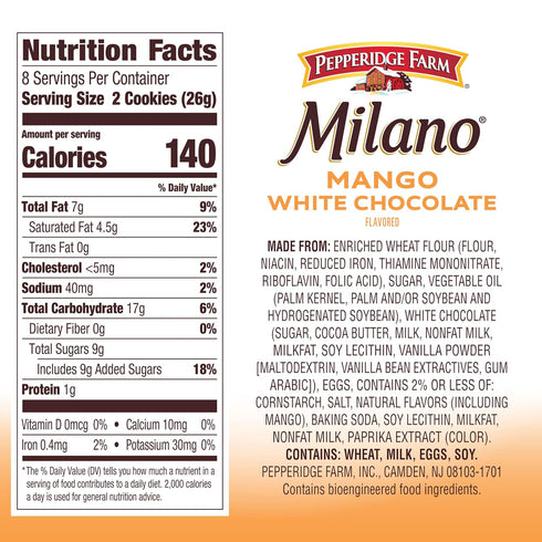 7 Oz Pepperidge Farm Milano White Chocolate Mango Flavored Cookies, Bag