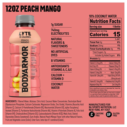 15 12 Oz (8 Pack), BODYARMOR LYTE, Peach Mango, Electrolyte Drink, Calories, Fl Bottles Coconut Water Sports Drink