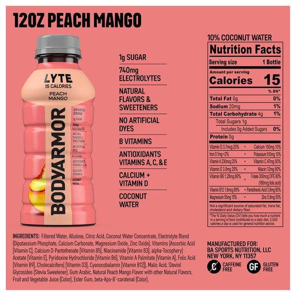 15 12 Oz (8 Pack), BODYARMOR LYTE, Peach Mango, Electrolyte Drink, Calories, Fl Bottles Coconut Water Sports Drink