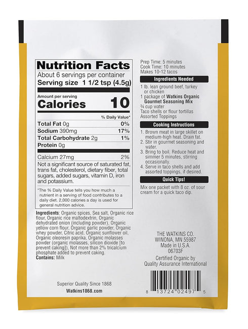 Watkins Organic Taco Gourmet Seasoning Mix, 1 oz Packets, 12 Count (Pack of 1)