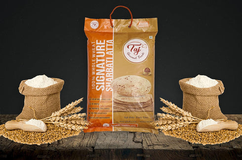TAJ Gourmet Foods 10lbs, 100% TAJ Signature Sharbati Atta, (Chakki Atta - Stone Ground) Whole Wheat Flour, Chappati