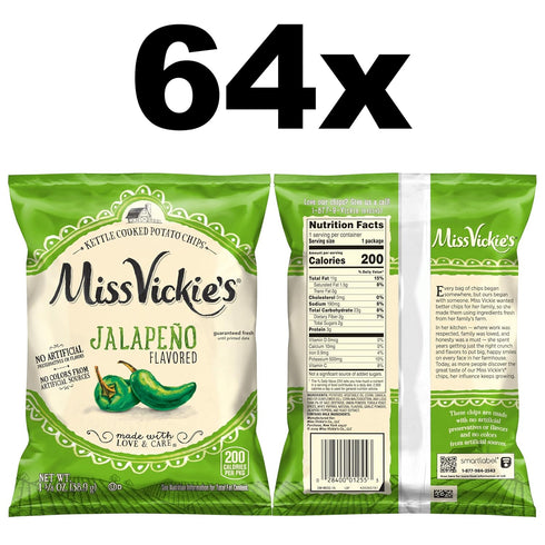 1.375 (Pack 64) Miss Vickie's Kettle Cooked Potato Chips, Jalapeno, Ounce