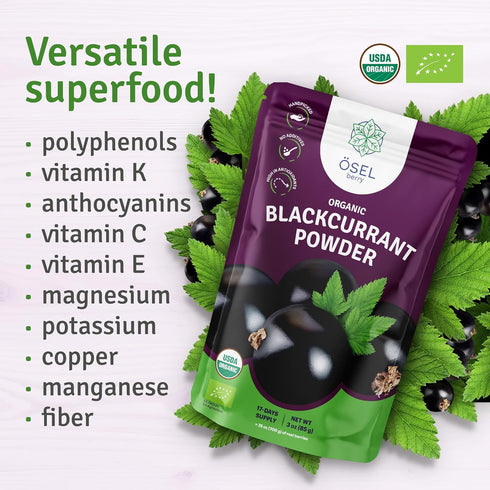 SEL BERRY 3oz Organic Black Currant Powder USDA Certified - No Sugar Added, Freeze Dried, Black Current Powder Organic