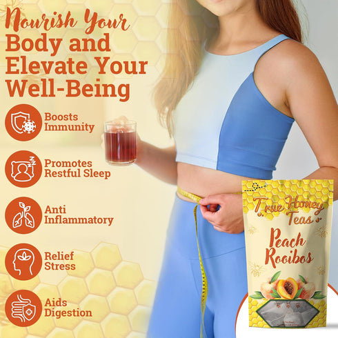 24 Count True Honey Teas Peach Rooibos Tea Bags - All Natural Organic Rooibos with Dried Peach Juice - Herbal