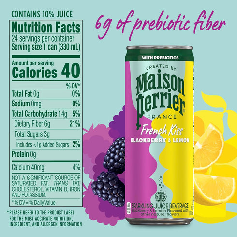 24Pk Maison Perrier French Kiss Sweetened Sparkling Juice Beverage, Blackberry & Lemon Flavors With Real Fruit Juices