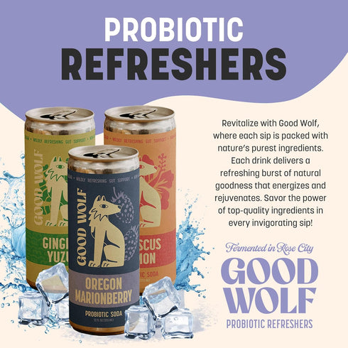Pack 2 12 oz (6 Pack) GOOD WOLF Probiotic Refresher Variety Sparkling Soda with Ginger Yuzu, Oregon Marionberry
