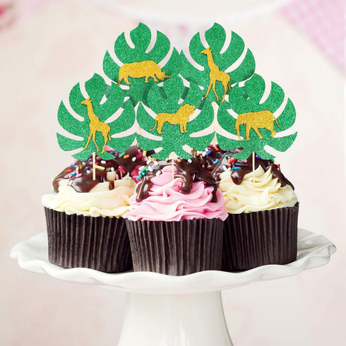 36 Pieces Jungle Style Animal Cupcake Toppers, Gold Glitter Palm Leaves Cake Decorations for Parties