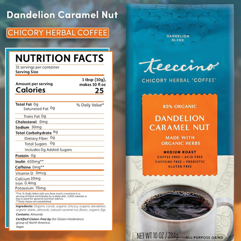 10 oz Teeccino Dandelion Caramel Nut Herbal Coffee - Caffeine-Free Coffee Alternative with Prebiotics, Gluten Free