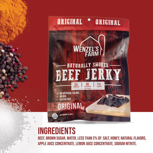 Pack Pack 3, 3 Oz Wenzel's Farm Beef Jerky Variety - Includes Original, Teriyaki, and Peppered Beef Jerky - Naturally