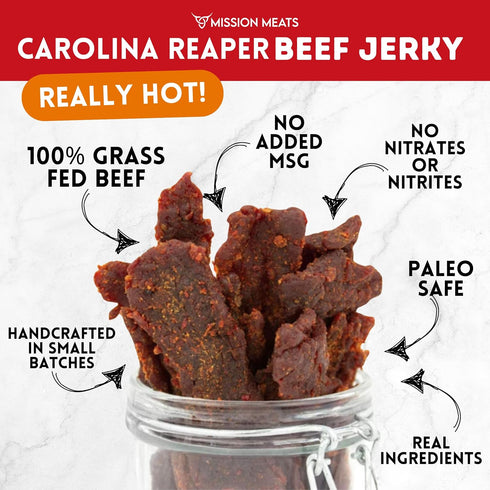 100% 2oz (Pack 6) Mission Meats Carolina Reaper Jerky from Grass Fed & Pasture Raised Beef, Caution: Extremely Spicy