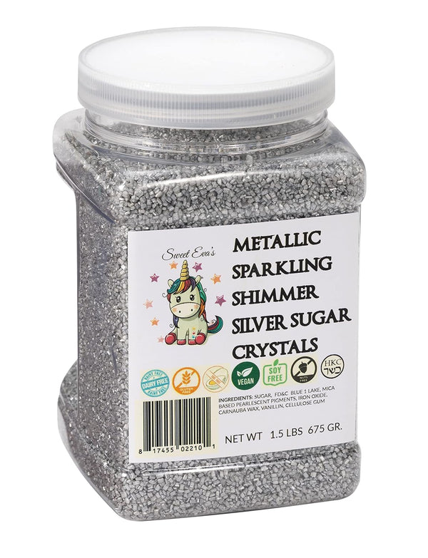 Sweet Evas METALLIC SPARKLING SHIMMER SILVER SUGAR CRYSTALS - Dairy Free,Gluten Free,Egg Free,Vegan,Soy Free,Nuts