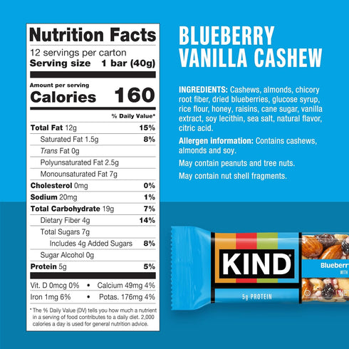 5g 12 Count KIND Healthy Snacks Bars, Blueberry Vanilla Cashew, Gluten Free, Protein