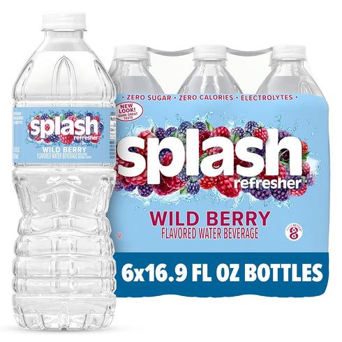 SPLASH REFRESHER Flavored Water Bottles, Wild Berry Flavor - 6-Pack, 16.9 Fl