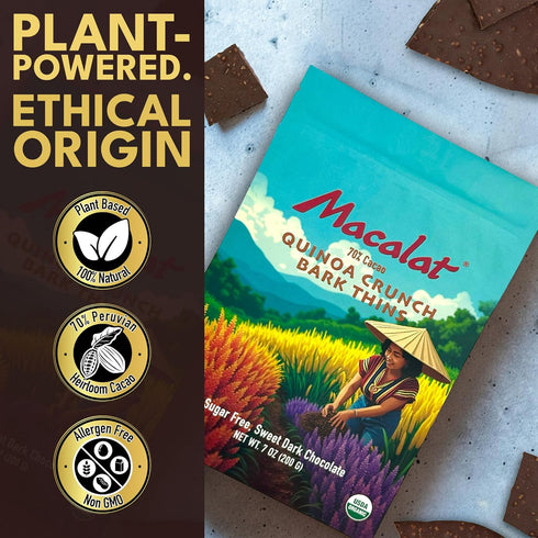 70% 7 oz Macalat Quinoa Chocolate Crunch Thins, Sugar-Free Sweet Dark Chocolate Quinoa Crisps with Allulose and Monk
