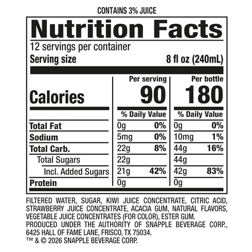 16 oz 6 pack Snapple Kiwi Strawberry Juice Drink, fl recycled plastic bottle