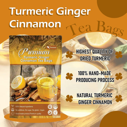 100% (1) Premium Turmeric, Ginger, Cinnamon Blend Tea Bags, Natural & No Additives & Caffeine Free.