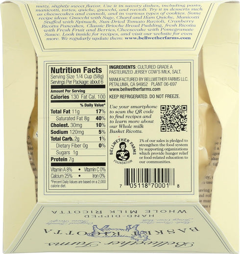 Bellwether Farms 12 OZ Whole Milk Ricotta Basket