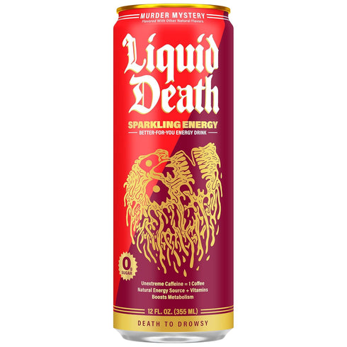 100mg, 12 Oz (Pack 12) Liquid Death Sparkling Energy - Murder Mystery (Cherry, Cream, Spice), Zero Sugar Energy Drink