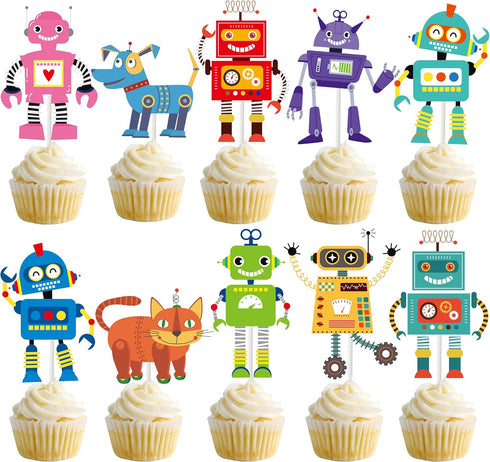 iPartyFun 36Pcs Robot Cupcake Toppers Picks Robot Cake Decorations for Robot Birthday Party