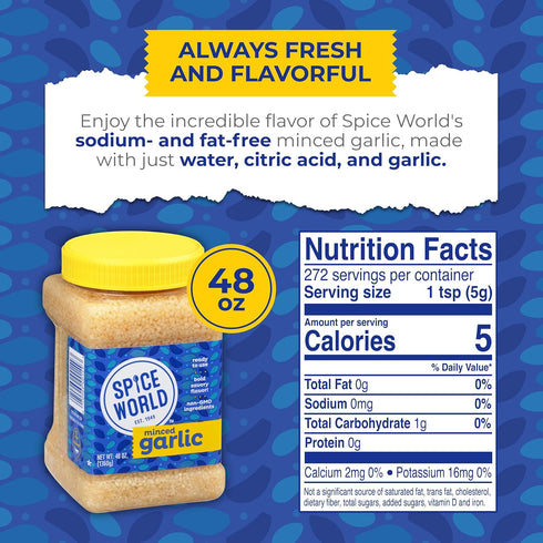 Spice World Minced Garlic – 48 oz Bulk Container – Ready-to-Use Seasonings for Cooking, Reduce Prep Work