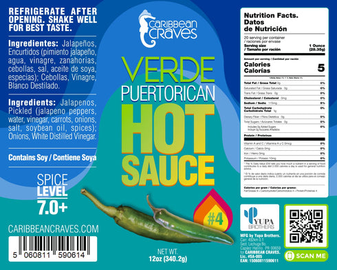 Caribbean Craves Puerto Rican Hot Sauce, 12oz, Bulkier Size, Verde (2pk), Pickled Jalapeño Peppers