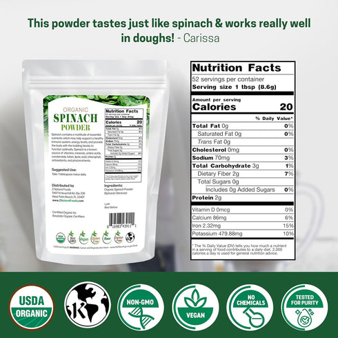 100% Immune 1 lb Z Natural Foods Organic Spinach Powder - Pure & Nutrient-Dense Dried Raw Spinach Leaves for & Energy