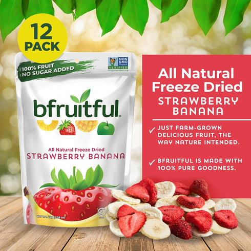 0.56 oz Packets, 12 Pack bfruitful Freeze-Dried Strawberry Banana, Freeze Dried Fresh Fruit Bites, Gluten Free, Vegan