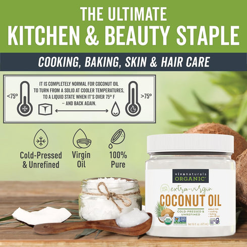 16 oz Viva Naturals Organic Coconut Oil, fl Unrefined, Cold-Pressed Extra Virgin Coconut Oil, USDA Organic & Non-GMO