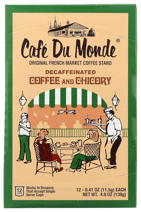 Cafe Du Monde Decaf Coffee and Chicory, Single Serve Cups, Box of 12, .41 oz each