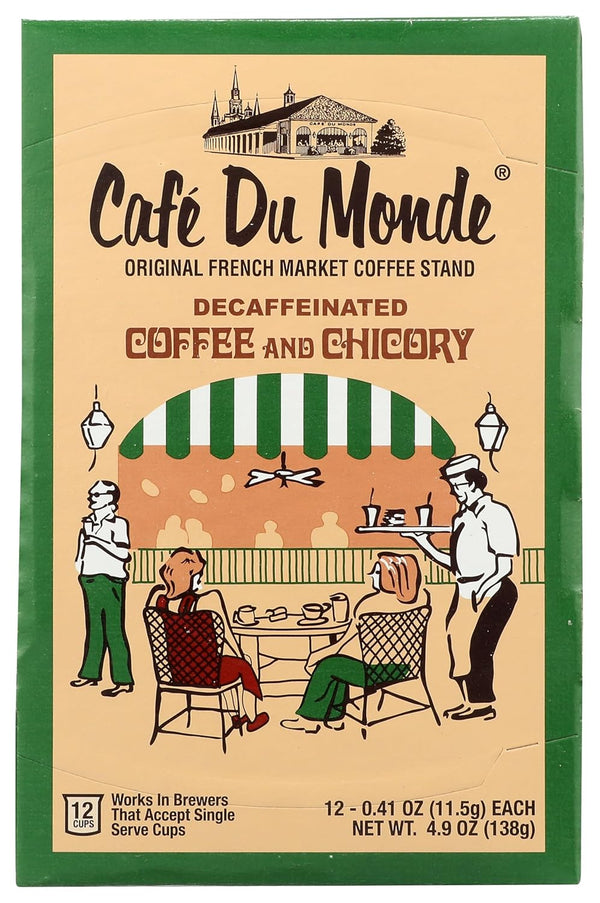 Cafe Du Monde Decaf Coffee and Chicory, Single Serve Cups, Box of 12, .41 oz each