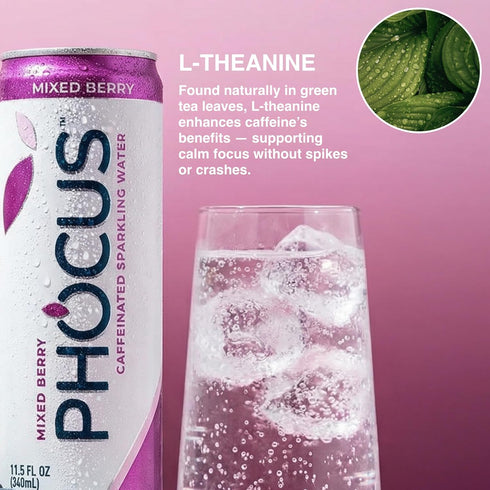 0 30, 11.5 Oz. (12 Pack) Phocus Caffeinated Sparkling Water - Mixed Berry - Clean Energy with Caffeine + L-Theanine
