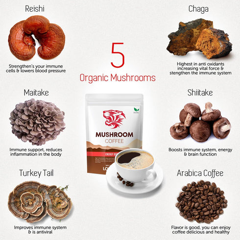 LOKO nature 5 30 100% Immune Tiger Organic Mushroom Instant Coffee Servings with Arabica | System Booster, Reishi