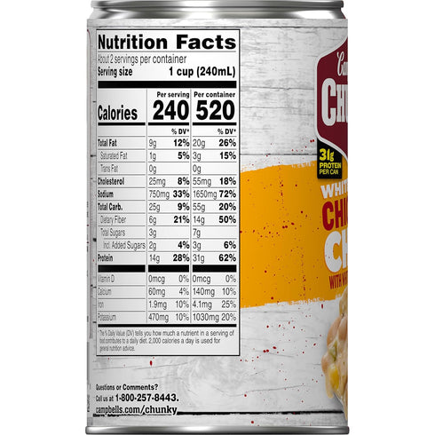 19 oz (Pack 12) Campbells Chunky White Bean Chicken Chili, Can