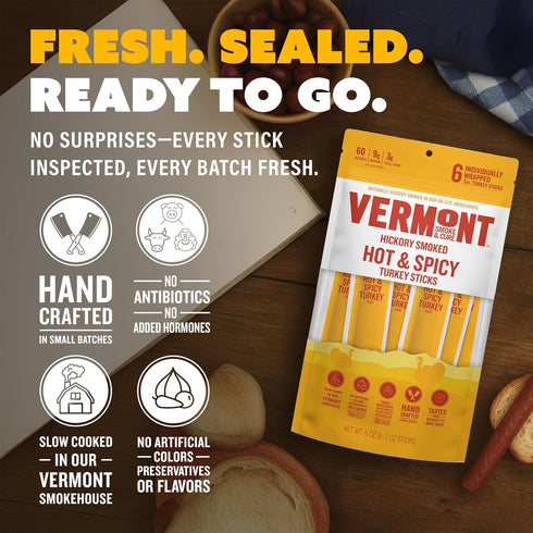 1oz 24 Count Vermont Smoke & Cure - Hot & Spicy Turkey Protein Snack - Portable Meat Snack for Adults & Kids - Smoky