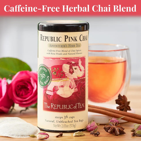 36 The Republic of Tea Republic Pink Chai Herbal Tea Tin, Tea Bags, Naturally Caffeine Free