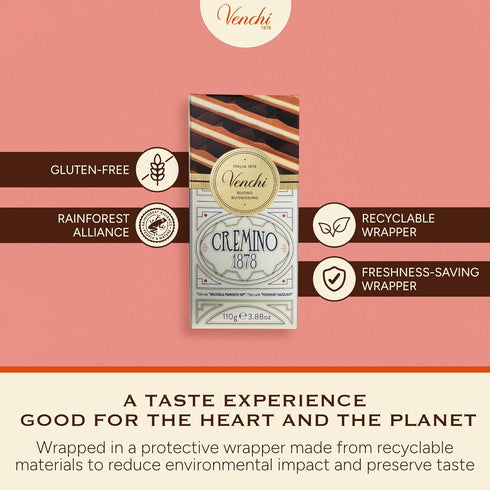 1878 3.88oz Venchi - Cremino Chocolate Bar with Almond Gianduja and Hazelnuts, - Gluten Free