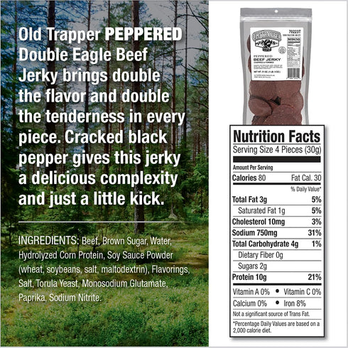 10g 1 (80 Old Trapper Peppered Double Eagle Beef Jerky | Real Wood Smoked | of Protein | Bag Pieces)