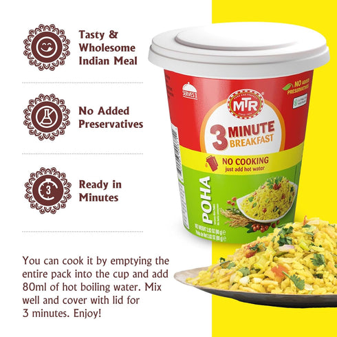3minute 3 100% 80g, Pack 6) MTR Poha - Ready-to-Cook Mix - Authentic Indian Food in Just Minutes - Vegetarian - No