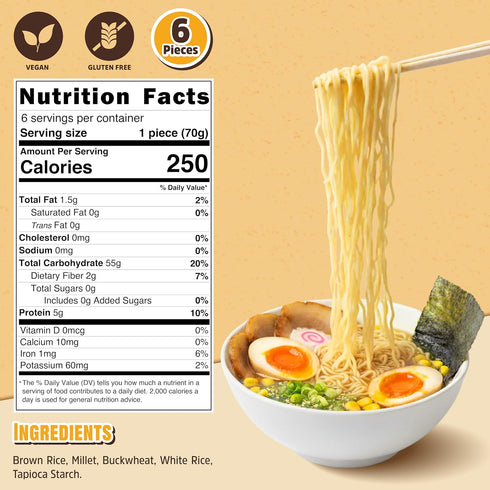 (6 packs) Gluten Free Ramen Noodles Multigrain Millet And Brown Rice Ramen Noodles Plain, Gf Ramen, Low Sodium, Vegan