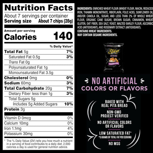 7.33 oz Stacys Pita Chips, Cinnamon Sugar, No Artificial Colors or Flavors, Bag