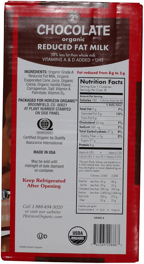 18 Pack, Horizon Organic Chocolate Milk, Low Fat, Ultra Pasteurized, Half Pint