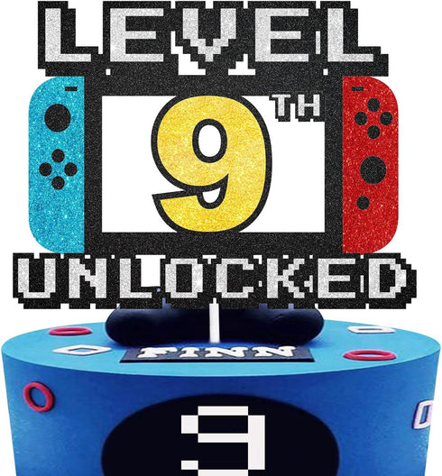 Level 9th Unlocked Cake Topper - 9th Birthday Level Up Game Theme Party Decorations for Kids