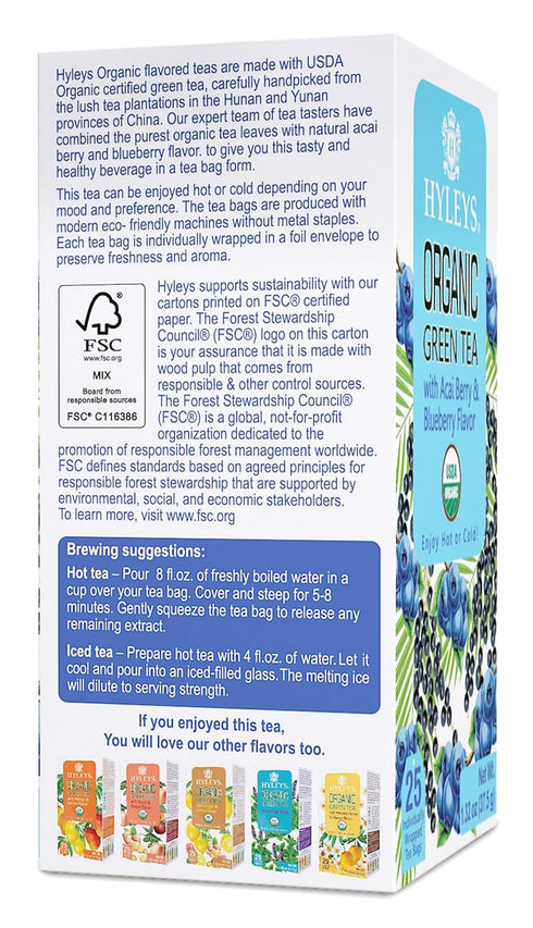 Hyleys Organic Green Tea Acai Berry and Blueberry Flavor - 25 Bags Tea