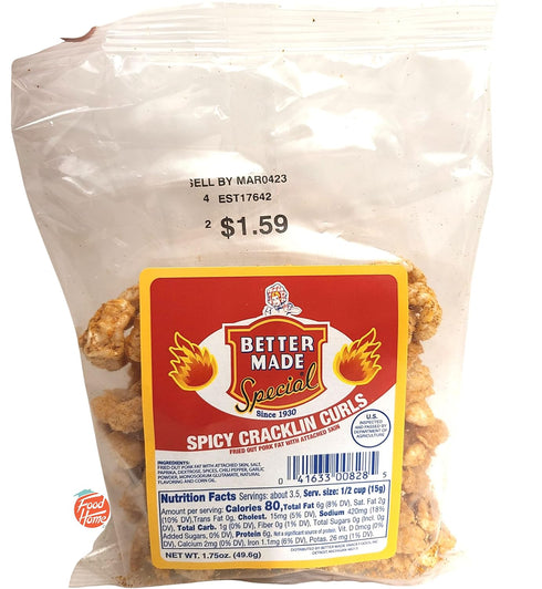 Better Made Special spicy cracklin curls, fried out pork skin with attached
