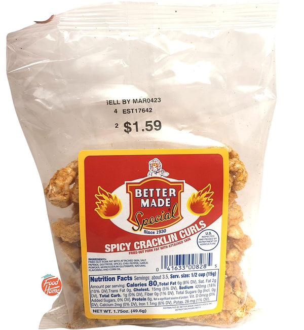 Better Made Special spicy cracklin curls, fried out pork skin with attached