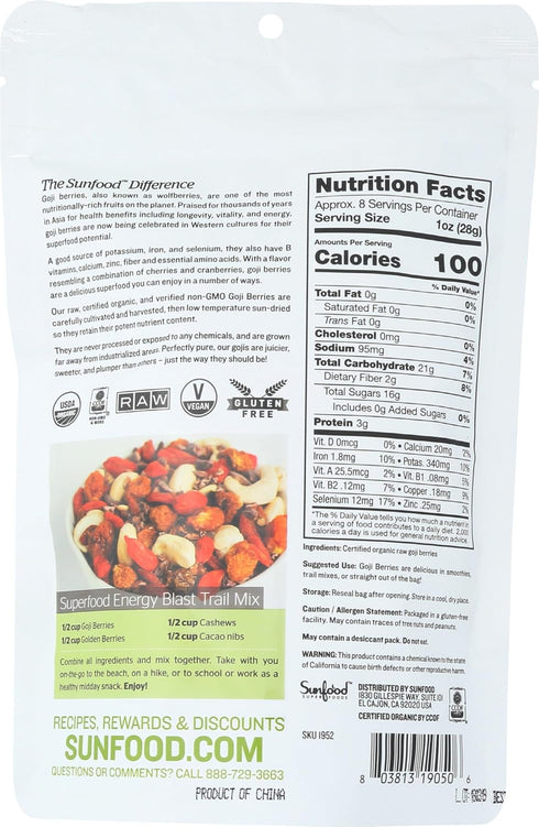8 oz Sunfood Superfoods Raw Organic Goji Berries - Goji Berry, Sun Dried Wolfberry for Trail Mix, Snack, Smoothie