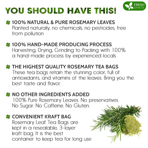 75 100% FreshDrinkUS, Premium Rosemary Leaf Tea Bags, Natural and Pure Rosemary Dried Leaves, Pure Herbal Tea, No