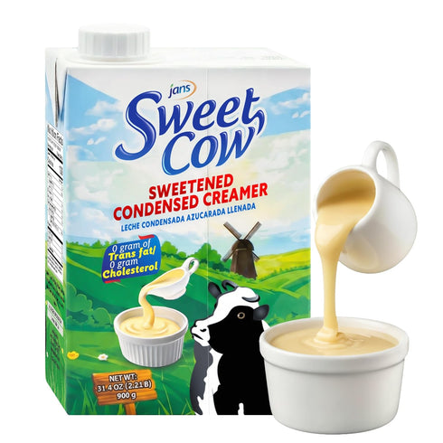 31.4 oz Jans Sweet Cow Sweetened Condensed Milk Resealable Tetrapak, Shelf Stable Creamy Coffee Creamer for Baking